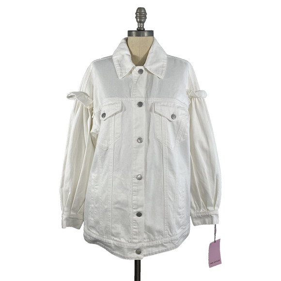 AVEC LES FILLES Oversized Denim Jean Jacket Off White Ruffled Feminine Sleeve M - Picture 1 of 16